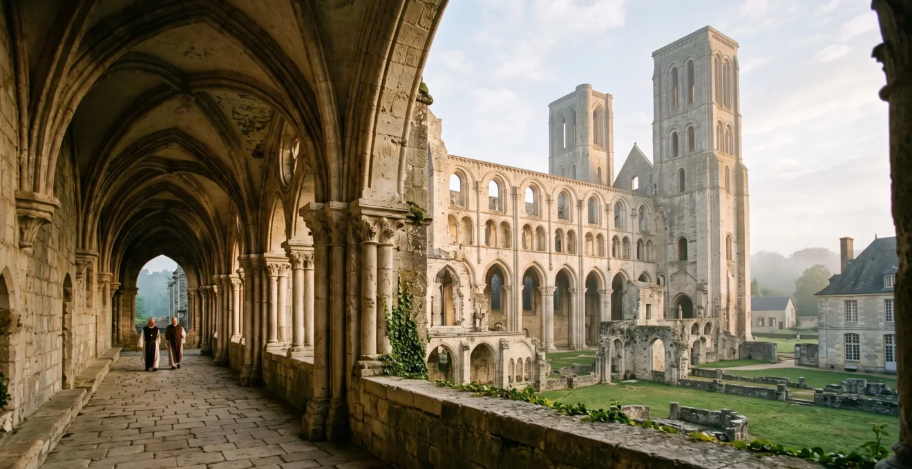 Ruines monumentales d'une abbaye bénédictine normande en pierre calcaire, vues depuis le cloître au lever du jour.