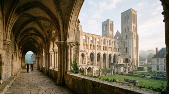 Ruines monumentales d'une abbaye bénédictine normande en pierre calcaire, vues depuis le cloître au lever du jour.