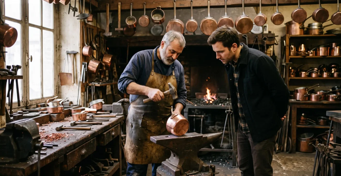 Un visiteur observe un artisan ciseleur travailler le cuivre au marteau dans son atelier normand.