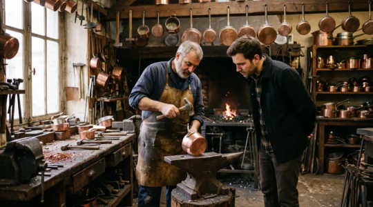 Un visiteur observe un artisan ciseleur travailler le cuivre au marteau dans son atelier normand.