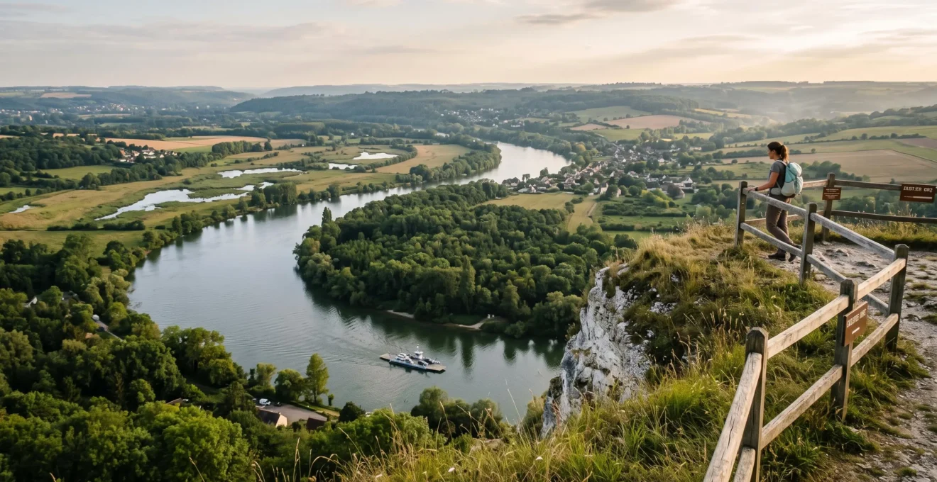 Un randonneur admire depuis un belvédère sur une falaise la vaste boucle de la Seine en Normandie, avec un bac traversant le fleuve en contrebas.