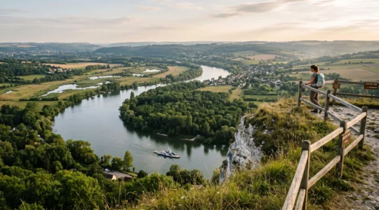 Un randonneur admire depuis un belvédère sur une falaise la vaste boucle de la Seine en Normandie, avec un bac traversant le fleuve en contrebas.
