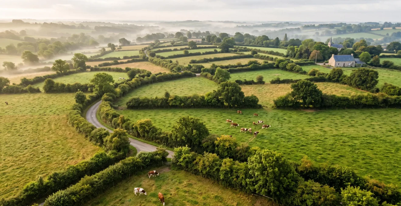 Vue aérienne du bocage normand montrant un maillage dense de haies entourant des prairies avec des vaches.