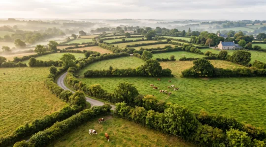 Vue aérienne du bocage normand montrant un maillage dense de haies entourant des prairies avec des vaches.