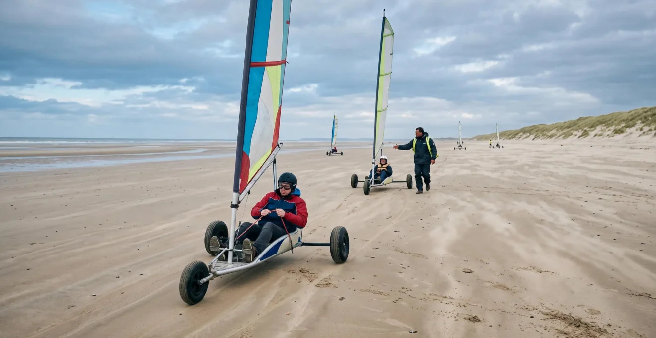 Un débutant pilote un char à voile sur une plage normande à marée basse pendant qu'un moniteur le corrige à distance.