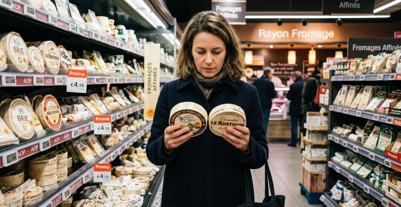Une cliente compare deux boîtes de camembert côte à côte dans un rayon fromager de supermarché en Normandie.