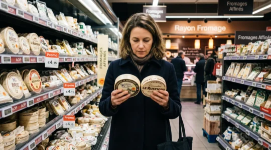 Une cliente compare deux boîtes de camembert côte à côte dans un rayon fromager de supermarché en Normandie.