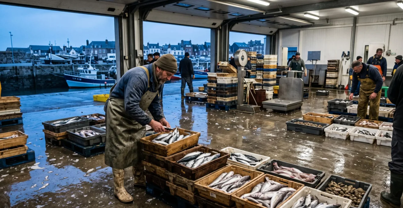 Un mareyeur examine des caisses de poissons fraîchement débarqués dans la halle à marée d'un port normand tôt le matin.