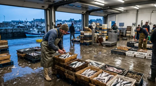 Un mareyeur examine des caisses de poissons fraîchement débarqués dans la halle à marée d'un port normand tôt le matin.