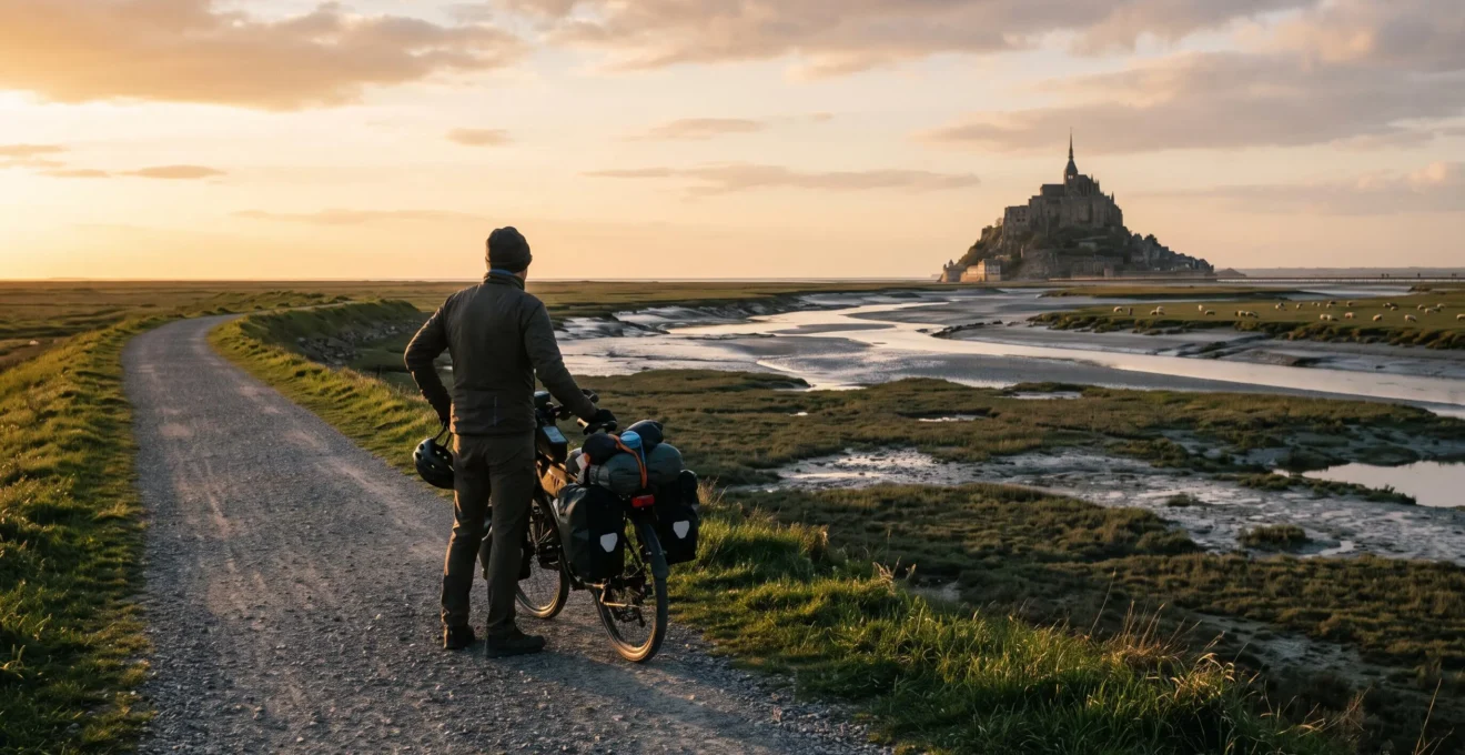 Un cycliste avec vélo chargé s'arrête sur un chemin de digue face à la baie du Mont-Saint-Michel à l'heure dorée.