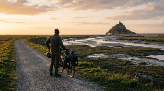 Un cycliste avec vélo chargé s'arrête sur un chemin de digue face à la baie du Mont-Saint-Michel à l'heure dorée.