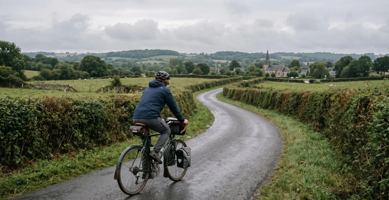 Un cycliste voyageant avec une charge légère sur une petite route de campagne humide bordée de haies normandes.