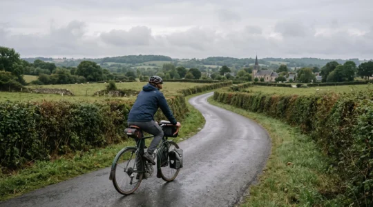 Un cycliste voyageant avec une charge légère sur une petite route de campagne humide bordée de haies normandes.