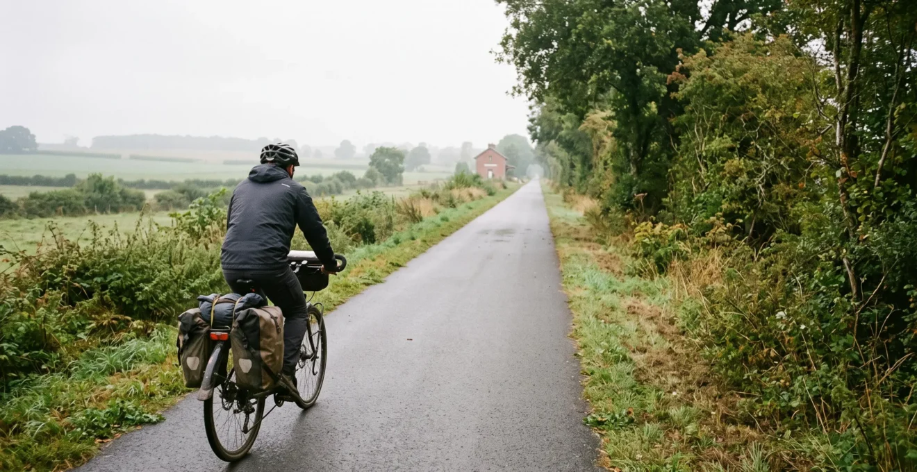 Un cycliste à vélo avec sacoches roule sur la voie verte normande aménagée sur une ancienne ligne ferroviaire, entre arbres et plateaux agricoles.