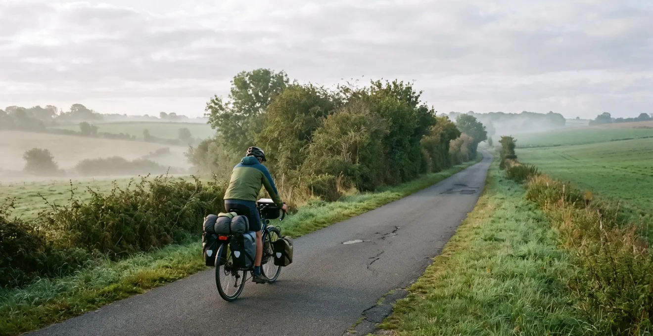 Un cycliste pédale en solitude sur une voie verte arborée entre les haies du bocage normand, en lumière matinale douce.