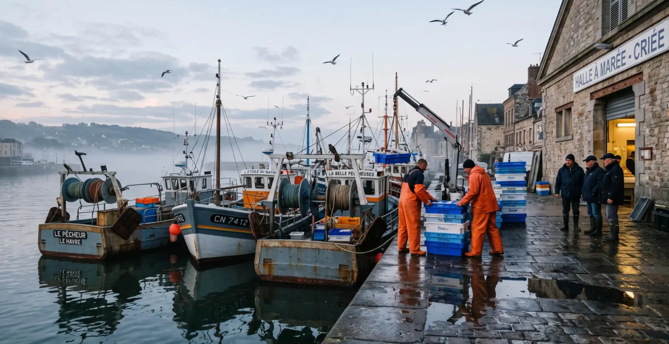 Des pêcheurs déchargent des caisses de poissons d'un chalutier amarré sur le quai d'un port normand à l'aube.