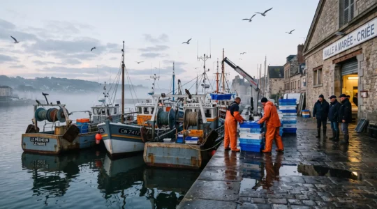 Des pêcheurs déchargent des caisses de poissons d'un chalutier amarré sur le quai d'un port normand à l'aube.