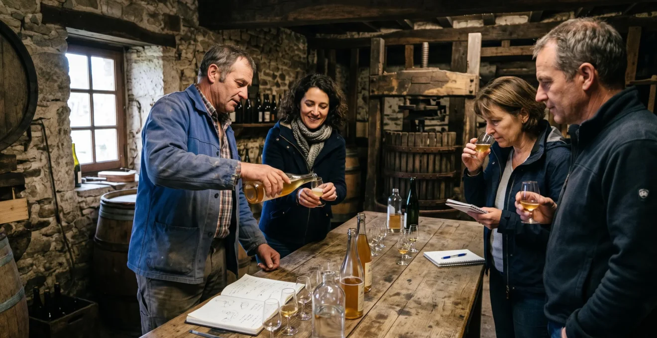 Un producteur de cidre normand verse des échantillons dans des verres de dégustation pour des visiteurs dans une ferme en pierre