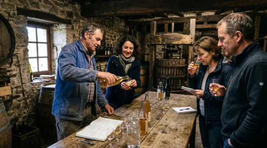 Un producteur de cidre normand verse des échantillons dans des verres de dégustation pour des visiteurs dans une ferme en pierre