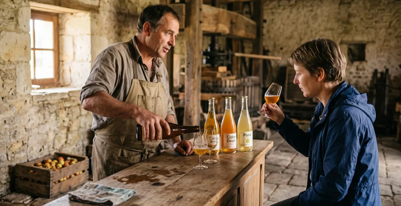 Un producteur verse trois cidres et poirés normands dans des verres de dégustation pour un visiteur dans une cidrerie du Pays d'Auge.