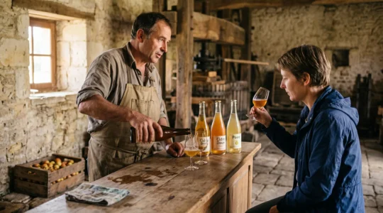 Un producteur verse trois cidres et poirés normands dans des verres de dégustation pour un visiteur dans une cidrerie du Pays d'Auge.