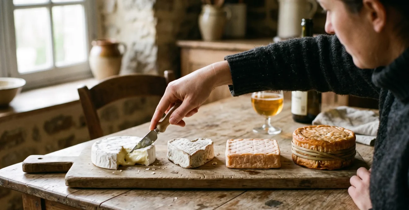 Une planche de dégustation avec quatre fromages normands de croûtes différentes, une personne coupant un camembert au cœur coulant sur une table en bois.