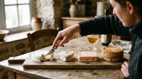 Une planche de dégustation avec quatre fromages normands de croûtes différentes, une personne coupant un camembert au cœur coulant sur une table en bois.