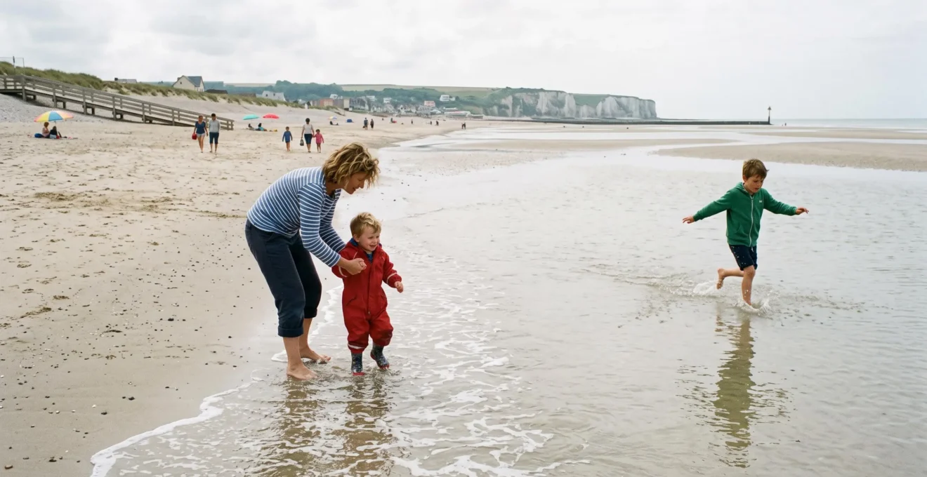 Des enfants pataugent dans une eau peu profonde sur une plage de sable en pente douce en Normandie, accompagnés de leurs parents.
