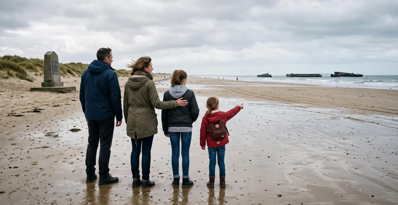 Une famille avec deux enfants se tient au bord d'une plage normande face à la mer, devant les restes d'un port artificiel de la Seconde Guerre mondiale sous un ciel couvert.