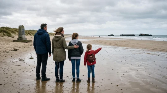 Une famille avec deux enfants se tient au bord d'une plage normande face à la mer, devant les restes d'un port artificiel de la Seconde Guerre mondiale sous un ciel couvert.