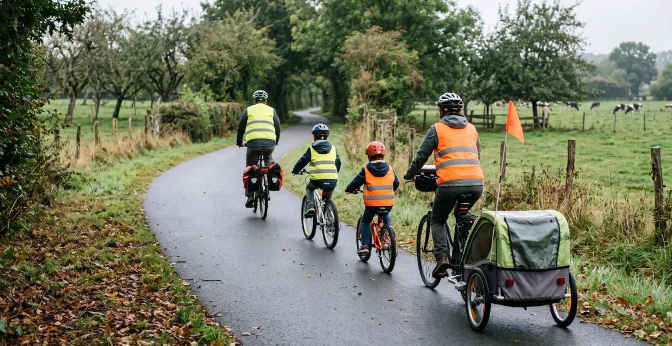 Une famille de quatre personnes à vélo, casques sur la tête, roule sur une voie verte arborée sans circulation automobile en Normandie.