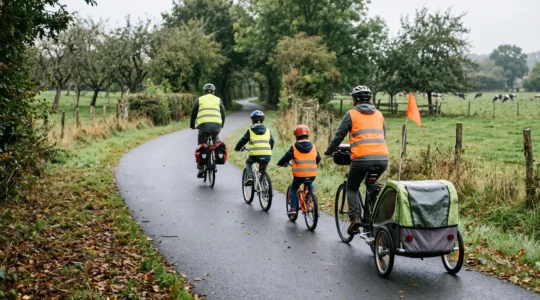 Une famille de quatre personnes à vélo, casques sur la tête, roule sur une voie verte arborée sans circulation automobile en Normandie.