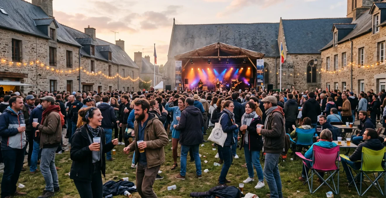 Foule de festivaliers dans une place de ville normande en début de soirée, devant une scène illuminée lors d'un festival de musique en plein air.