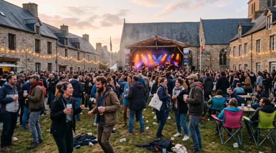 Foule de festivaliers dans une place de ville normande en début de soirée, devant une scène illuminée lors d'un festival de musique en plein air.