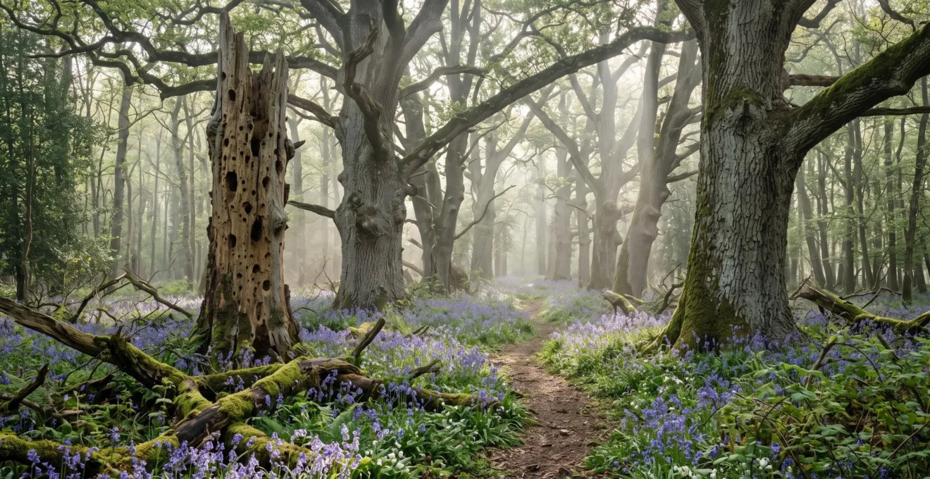 Sous-bois d'une ancienne forêt normande avec de vieux chênes massifs, du bois mort moussu et un tapis de jacinthes des bois sous une lumière du matin.