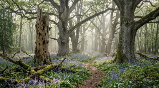 Sous-bois d'une ancienne forêt normande avec de vieux chênes massifs, du bois mort moussu et un tapis de jacinthes des bois sous une lumière du matin.