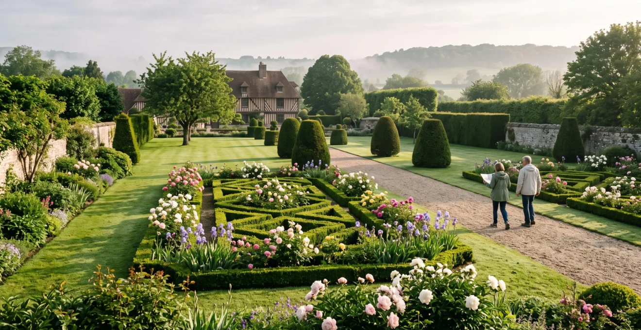 Jardin remarquable normand en fleurs au printemps avec parterres de buis, rosiers et visiteurs sur une allée de gravier