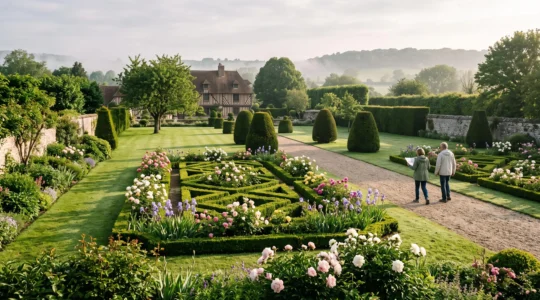 Jardin remarquable normand en fleurs au printemps avec parterres de buis, rosiers et visiteurs sur une allée de gravier