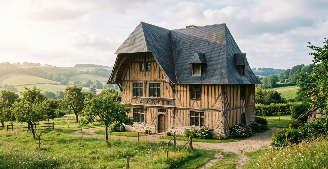 Manoir à colombages traditionnel du Pays d'Auge avec torchis, soubassement en pierre et toit d'ardoises, entouré de vergers normands.