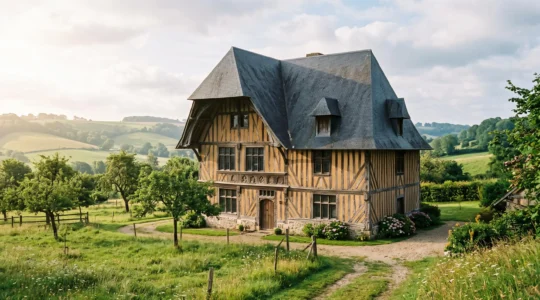 Manoir à colombages traditionnel du Pays d'Auge avec torchis, soubassement en pierre et toit d'ardoises, entouré de vergers normands.
