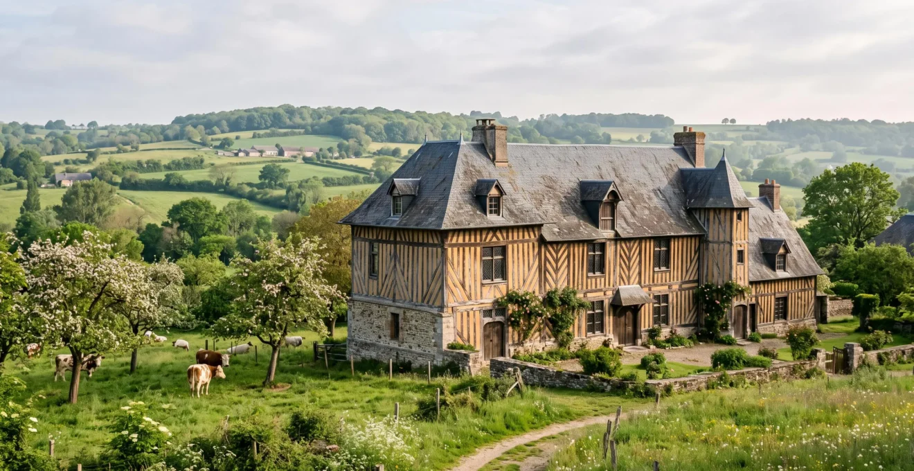 Manoir à colombages traditionnel du Pays d'Auge avec torchis, soubassement en pierre et toit d'ardoises, entouré de vergers normands.