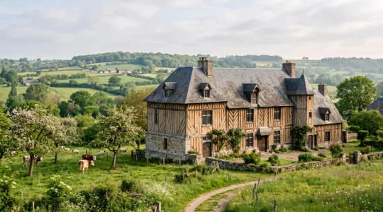 Manoir à colombages traditionnel du Pays d'Auge avec torchis, soubassement en pierre et toit d'ardoises, entouré de vergers normands.