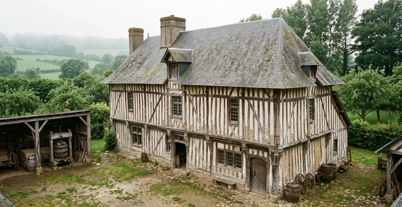 Manoir normand à pans de bois et torchis avec toit de ardoises en débord, dans une cour fermée bordée de haies bocagères.