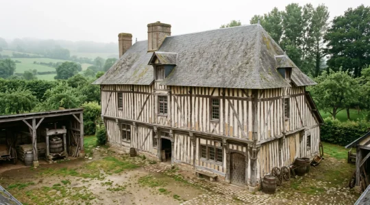 Manoir normand à pans de bois et torchis avec toit de ardoises en débord, dans une cour fermée bordée de haies bocagères.
