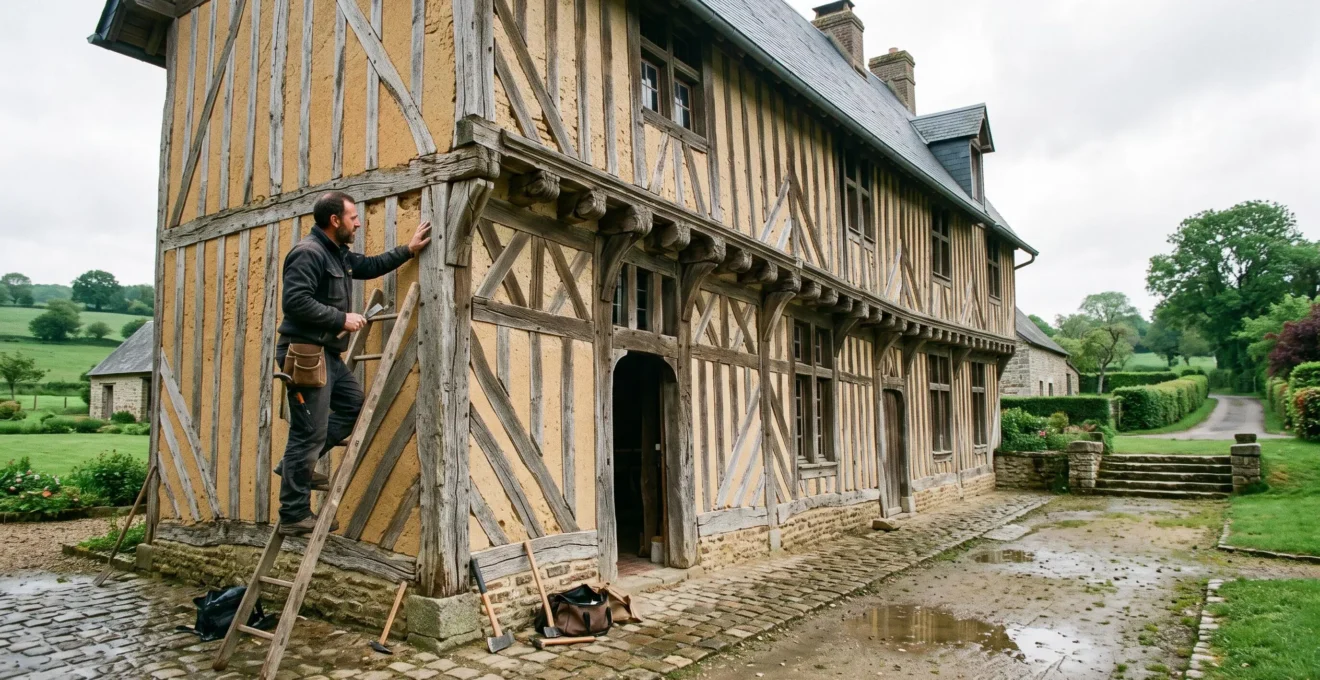 Un charpentier inspecte la façade à pans de bois et le remplissage en torchis d'un manoir normand ancien.
