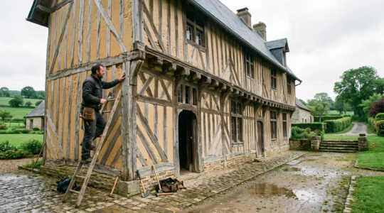 Un charpentier inspecte la façade à pans de bois et le remplissage en torchis d'un manoir normand ancien.