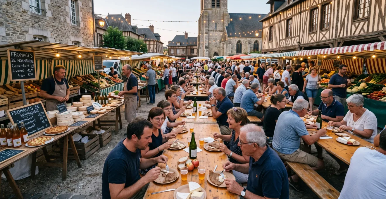 Marché nocturne de producteurs animé sur une place de village normand, avec des visiteurs attablés autour d'assiettes de produits locaux et des étals de fromages et de cidre sous des guirlandes lumineuses.