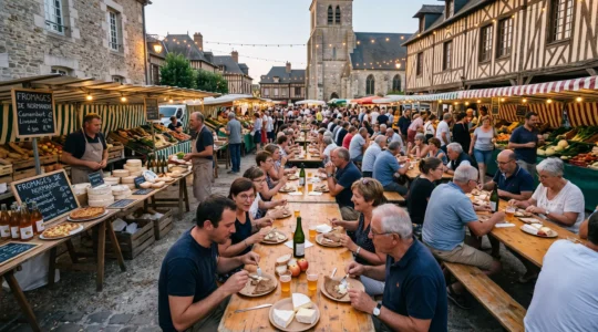 Marché nocturne de producteurs animé sur une place de village normand, avec des visiteurs attablés autour d'assiettes de produits locaux et des étals de fromages et de cidre sous des guirlandes lumineuses.