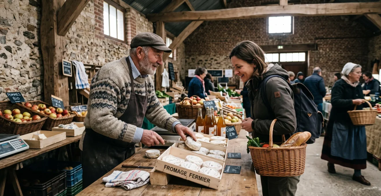Un voyageur discute avec un producteur de fromages et de pommes sur un petit marché couvert normand.