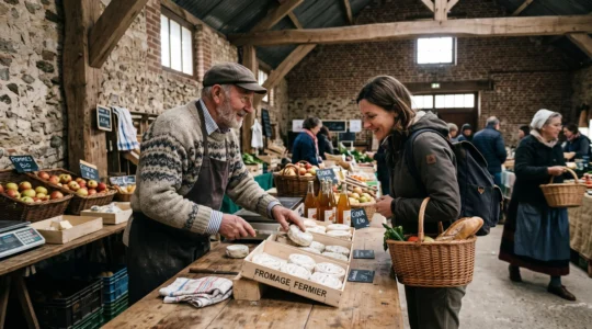 Un voyageur discute avec un producteur de fromages et de pommes sur un petit marché couvert normand.